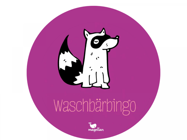 Lila Kreis mit einer Zeichnung eines Waschbären in der Mitte. Darüber steht „Antonia rettet die Welt“, darunter „Waschbärbingo“.