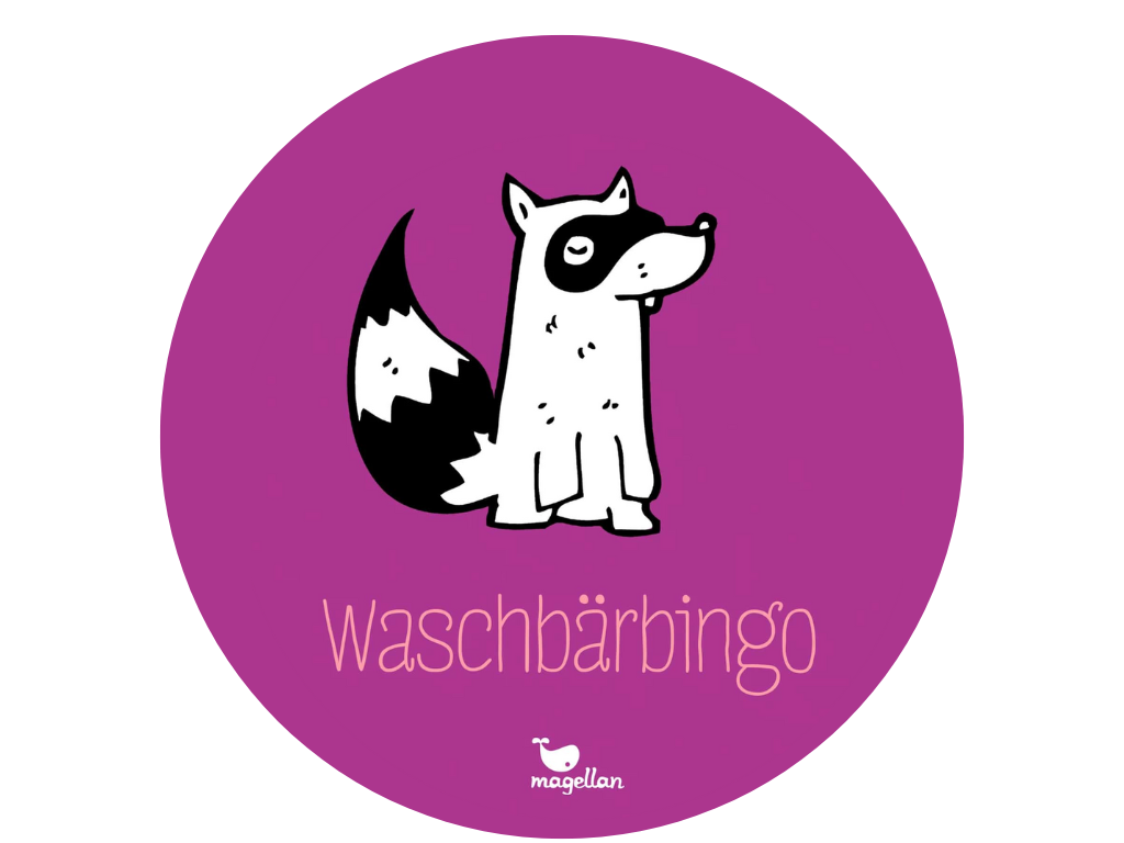 Lila Kreis mit einer Zeichnung eines Waschbären in der Mitte. Darüber steht „Antonia rettet die Welt“, darunter „Waschbärbingo“.