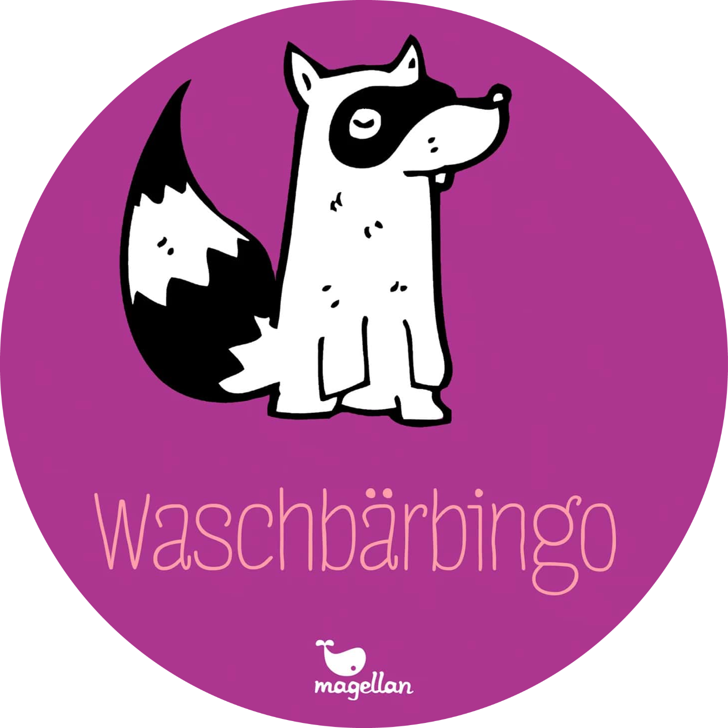 Lila Kreis mit einer Zeichnung eines Waschbären in der Mitte. Darüber steht „Antonia rettet die Welt“, darunter „Waschbärbingo“.