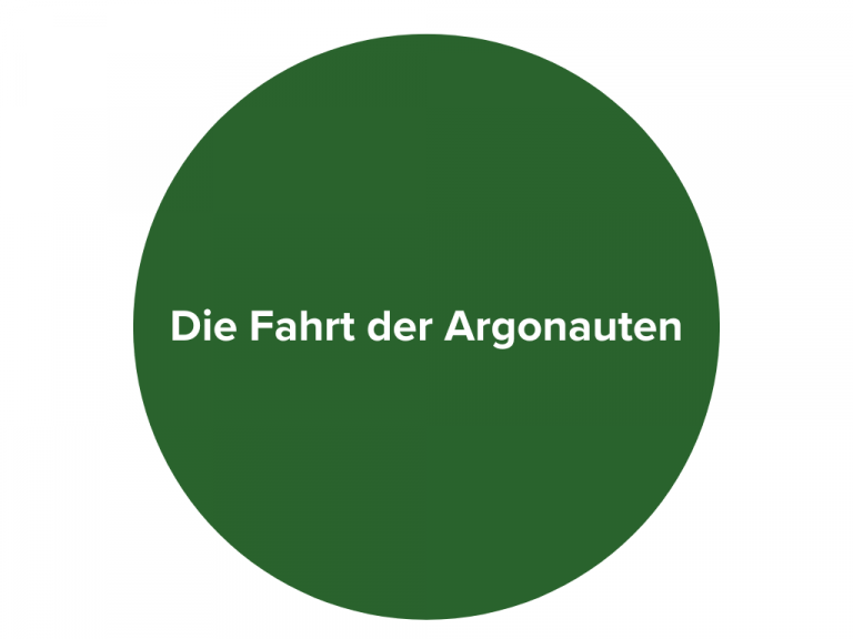 Dunkelgrüner Kreis mit weißem Schriftzug "Die Fahrt der Argonauten".