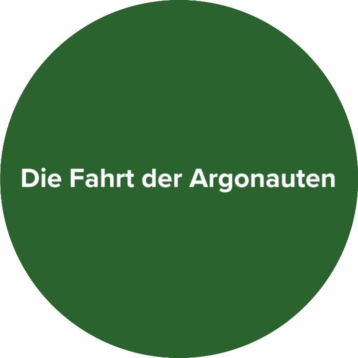 Dunkelgrüner Kreis mit weißem Schriftzug "Die Fahrt der Argonauten".