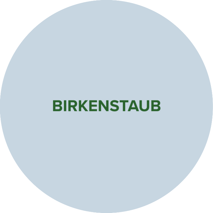 Hellblauer Kreis mit dunkelgrünem Schriftzug "Birkenstaub".