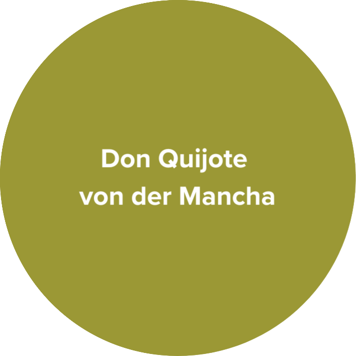 Olivgrüner Kreis mit weißem Schriftzug "Don Quijote von der Mancha".