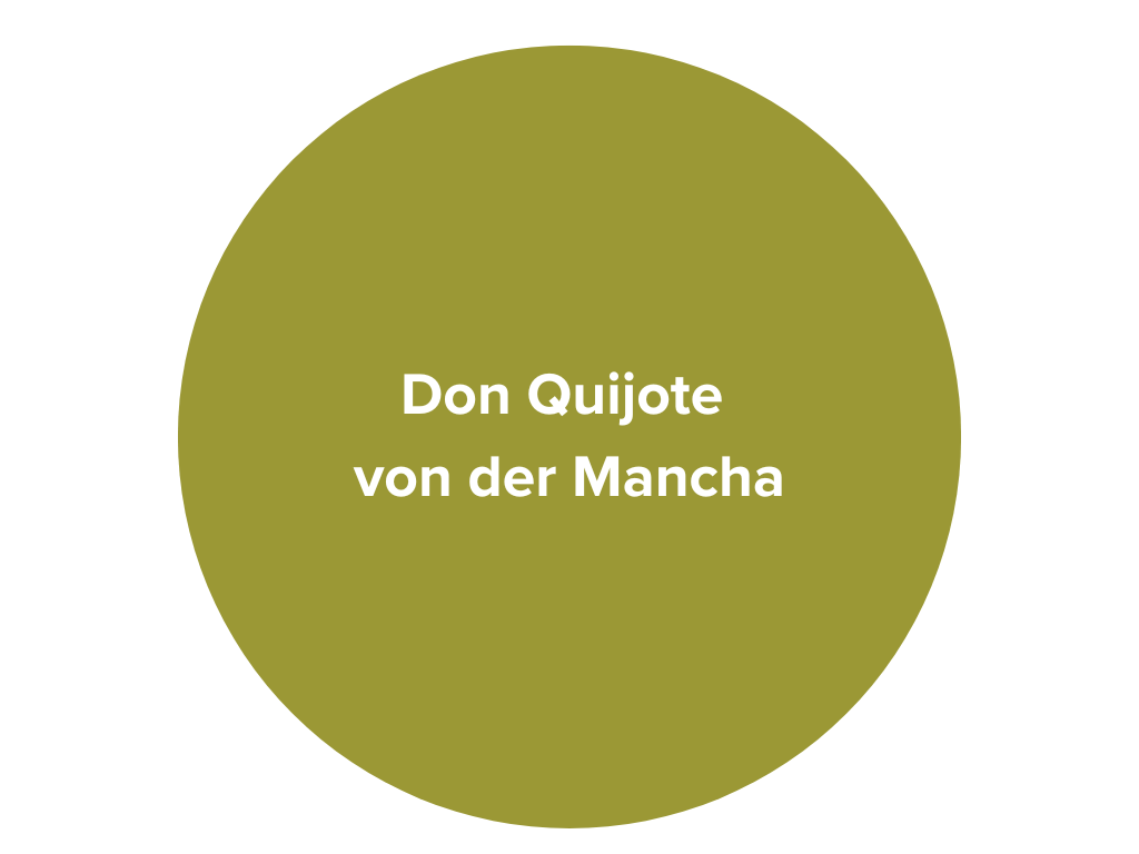 Olivgrüner Kreis mit weißem Schriftzug "Don Quijote von der Mancha".