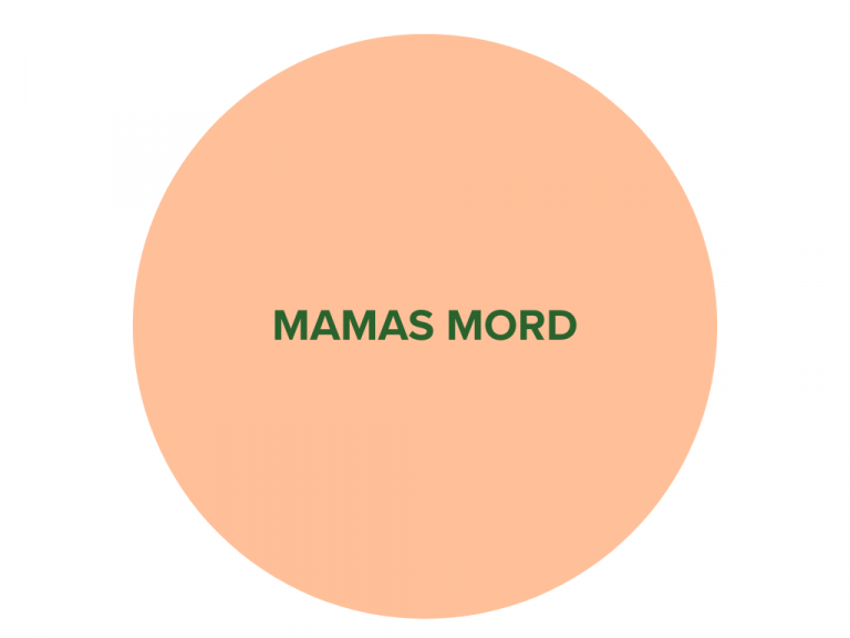 Orangener Kreis mit dunkelgrünem Schriftzug "Mamas Mord".