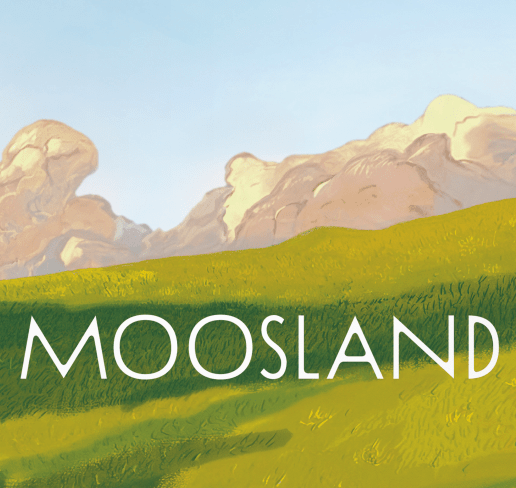 Buchcover mit gemalter Landschaft: grüne Wiese, blauer Himmel und pinke Wolken am Horizont. Oben steht der Name „Katrin Zipse“, unten der Titel „Moosland“.