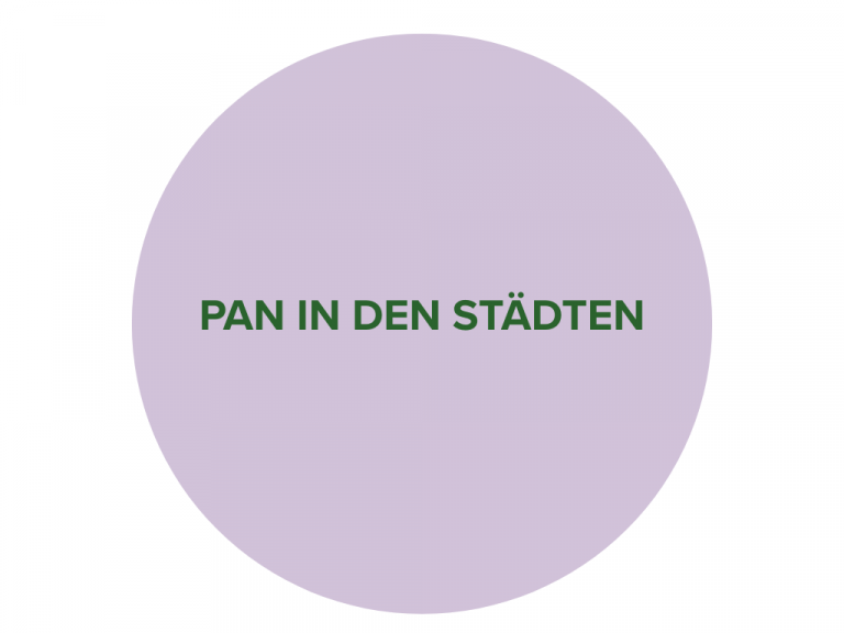 Lila Kreis mit dunkelgrünem Schriftzug "Pan in den Städten".