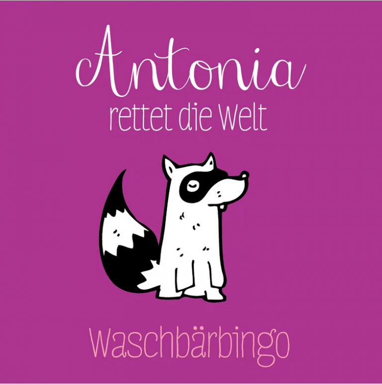 Buchcover mit lila Hintergrund. In der Mitte ist ein gezeichneter Waschbär mit geschlossenen Augen zu sehen. Über ihm steht „Antonia rettet die Welt“, darunter „Waschbärbingo“.